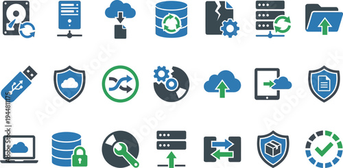Collection of technical icons representing data storage, security, synchronization, and cloud computing functions.