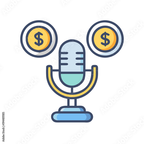 Podcast monetization concept with microphone and dollar coins in modern flat design