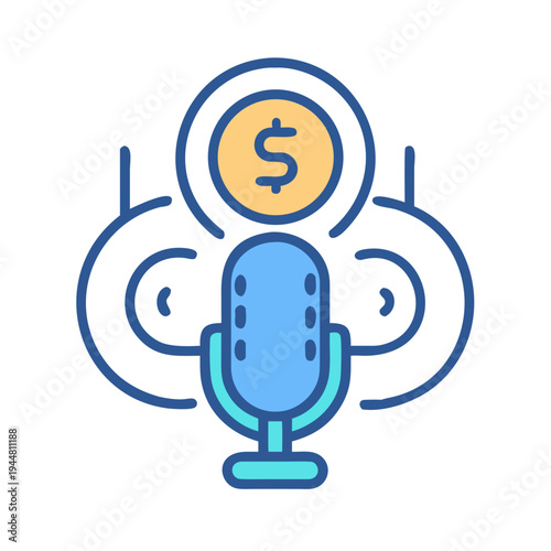 Podcast monetization icon featuring microphone, dollar coin, and sound waves on black background