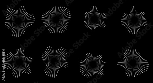 Sound waves in circular forms, linked with audio music, white round voice icons, logos for equalizers, radial spectrums, rings. Flat vector illustrations isolated