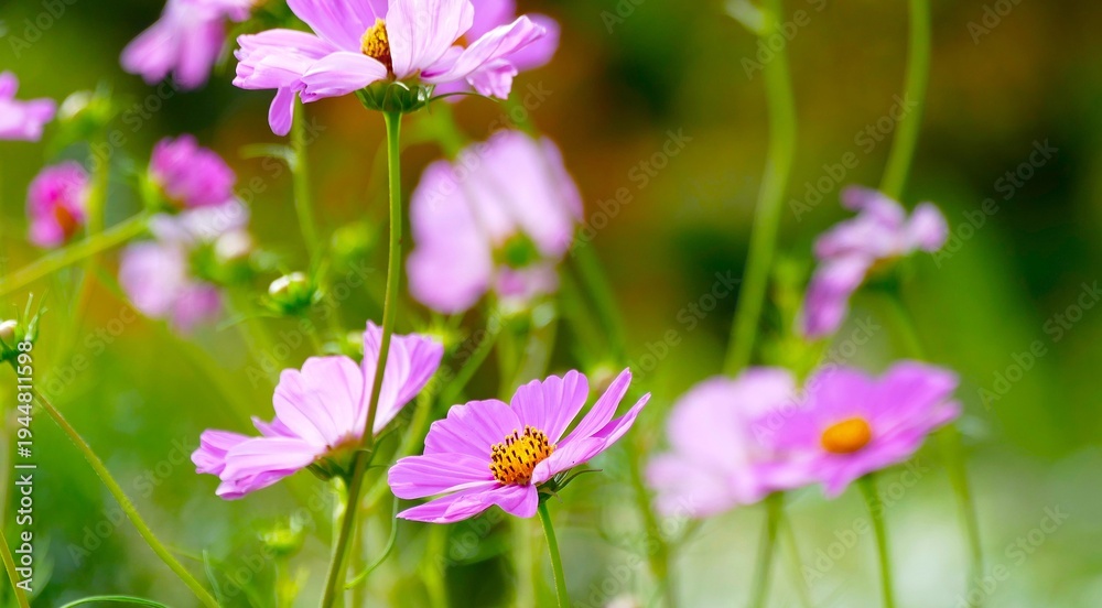 Fototapeta premium Pink cosmos flower in the meadow in green nature wildflower floral colorful background