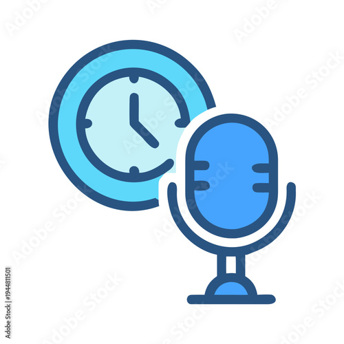 Time to record a podcast: Clock and microphone icon illustration on black background