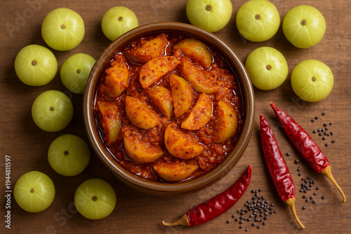 Home made sour hot and spicy gooseberry or amla pickle stock photo 