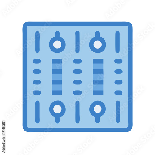 Minimalist illustration of a blue audio mixing console with sliders and knobs