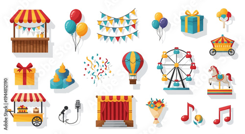 Festive collection of carnival and party elements in a cheerful flat vector style.