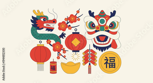 Collection of Traditional Chinese New Year Icons and Festival Symbols