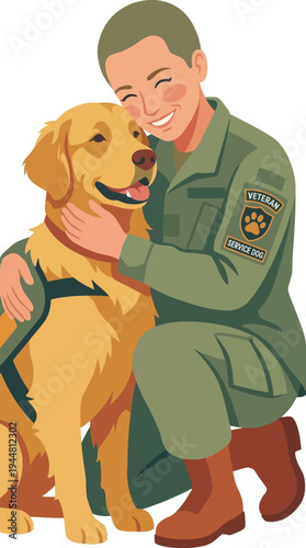 Female military veteran in uniform smiling and hugging her golden retriever service dog