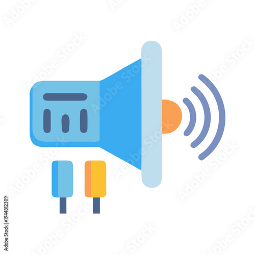 Flat design vector illustration of a speakerphone broadcasting sound waves against black backdrop