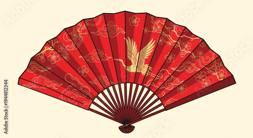 Traditional red Japanese folding fan with golden crane and cherry blossom illustration