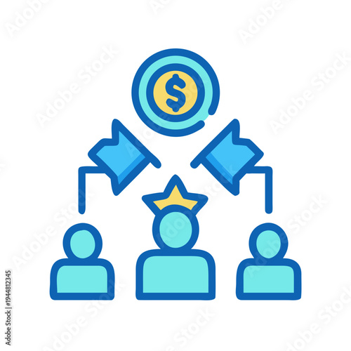 Hierarchical Money Distribution Among Team Members in a Flat Design Illustration