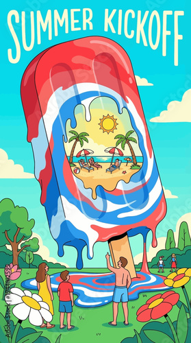 Summer kickoff typography with giant melting popsicle revealing tropical beach vacation