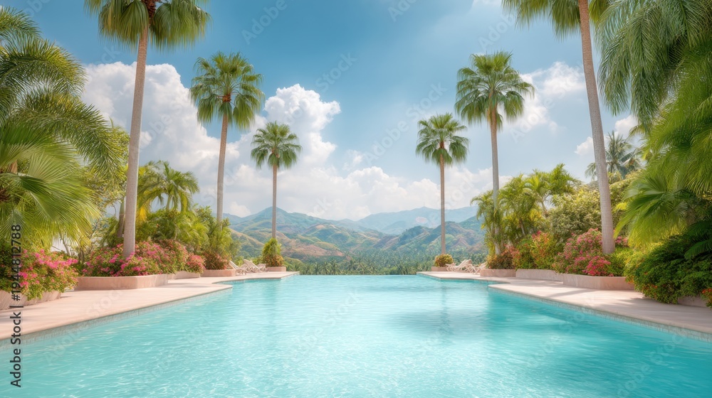 Obraz premium Tranquil Pool with Palm Trees and Scenic Mountain View Under a Bright Blue Sky in a Tropical Paradise