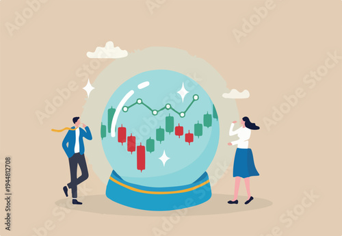 Forecast or prediction, investment opportunity, fortune teller to see stock market or economic direction, trend or business vision concept, business people look at magic sphere future market.