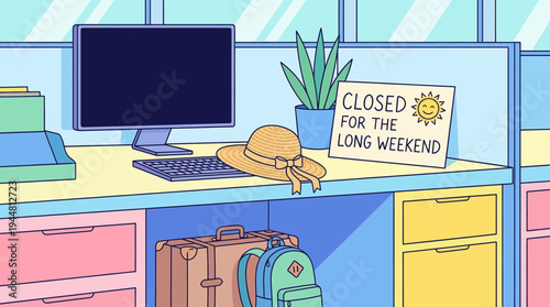 Closed for the long weekend sign on office desk with vacation luggage and summer hat