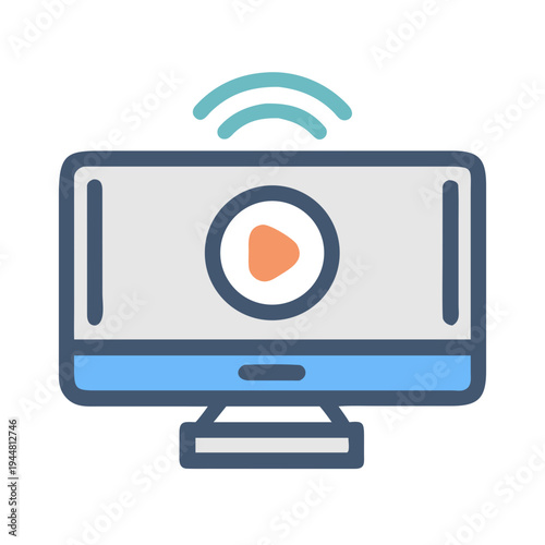 Digital Stream: Monitor with Play Button, WiFi Signal, Flat Design on Black