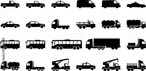 Collection of various black vehicle silhouette icons representing transportation and delivery services.