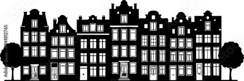 Charming black and white vector illustration of traditional European townhouses with decorative facades and trees.