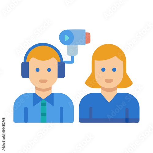 Teamwork and Communication Illustration: Man and Woman with Headset and Projector