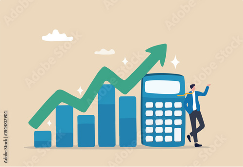 Calculate revenue growth, growing income or investment earning, tax, accounting or profit calculation, financial evaluation concept, businessman with calculator and growth chart diagram
