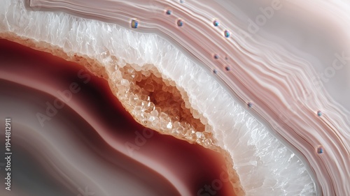 Stunning macro of agate geode slice with intricate layers, crystal textures, and earthy tones, perfect for backgrounds, design, and natural-themed projects