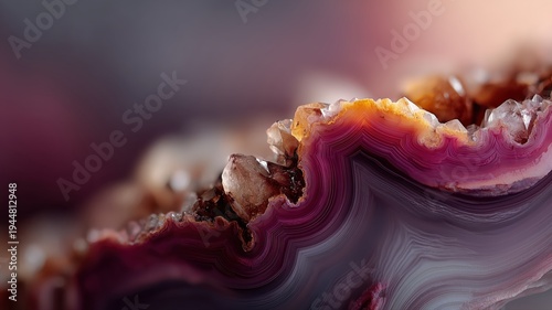 Stunning macro of a polished agate geode slice, showcasing vibrant purple bands and intricate natural patterns perfect for striking visual projects