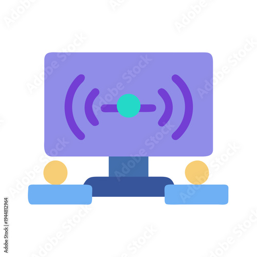 Stylized computer screen icon with signal display and control knobs on black