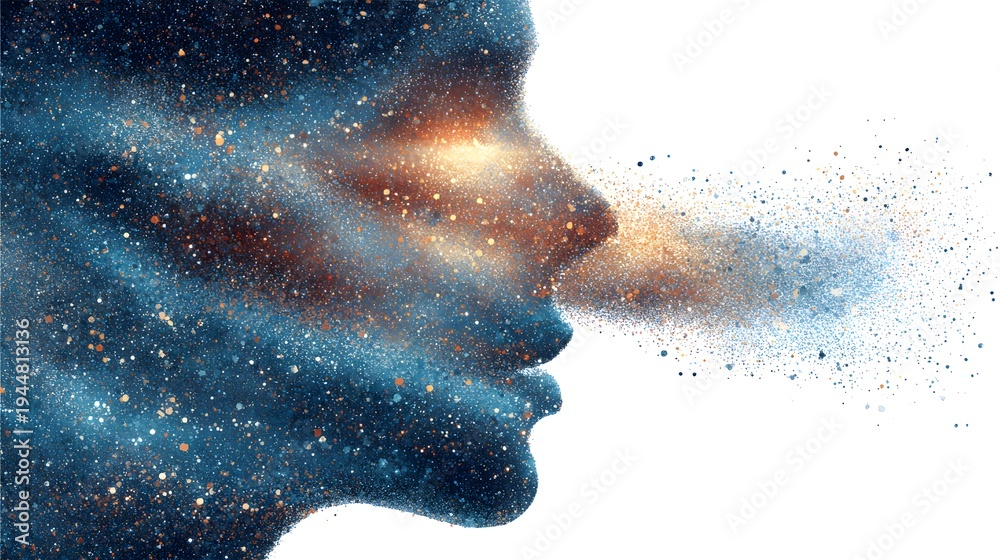 Fototapeta premium Cosmic Consciousness Human Head Silhouette Dissolving into Nebula.