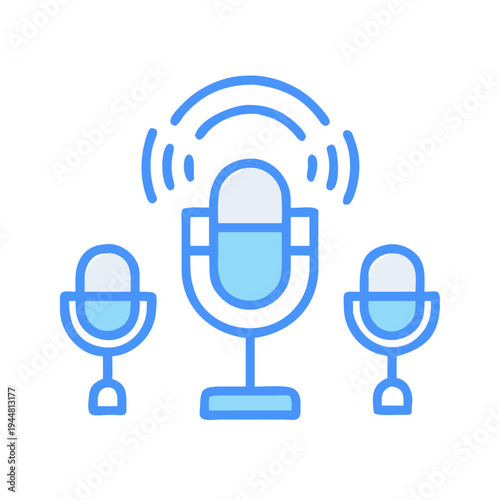 Three microphones for podcasting or recording in blue on a black background