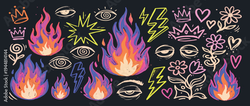 Colorful crayon drawn fire flames, stars and eye icons collection. Punk tattoo stickers.