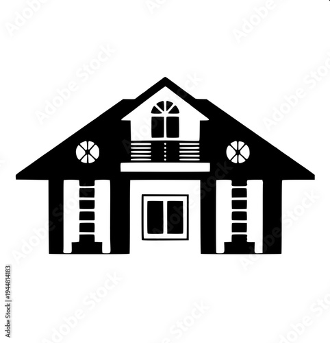 Real estate themed minimal house silhouette, dark gray flat house shape, attached garage left side, central arch door, two arched upper windows, right window with shutters, clean vector icon on light 