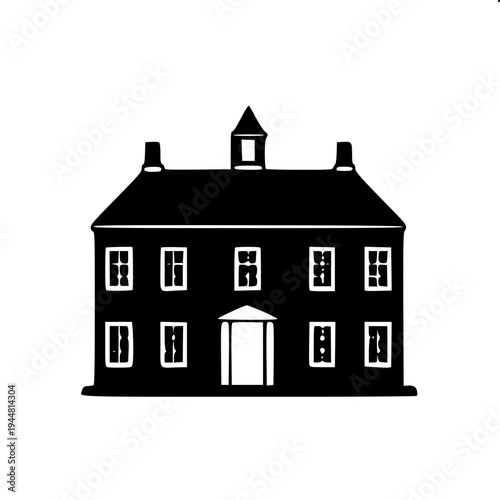 Real estate themed minimal house silhouette, dark gray flat house shape, attached garage left side, central arch door, two arched upper windows, right window with shutters, clean vector icon on light 