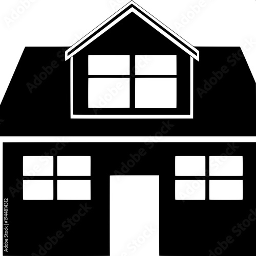 Real estate themed minimal house silhouette, dark gray flat house shape, attached garage left side, central arch door, two arched upper windows, right window with shutters, clean vector icon on light 