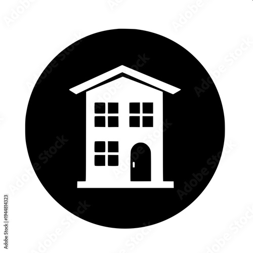 Real estate themed minimal house silhouette, dark gray flat house shape, attached garage left side, central arch door, two arched upper windows, right window with shutters, clean vector icon on light 