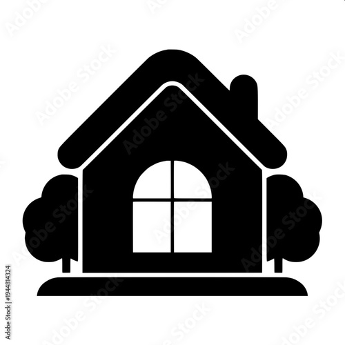 Real estate themed minimal house silhouette, dark gray flat house shape, attached garage left side, central arch door, two arched upper windows, right window with shutters, clean vector icon on light 