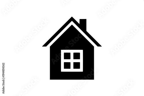 Real estate themed minimal house silhouette, dark gray flat house shape, attached garage left side, central arch door, two arched upper windows, right window with shutters, clean vector icon on light 