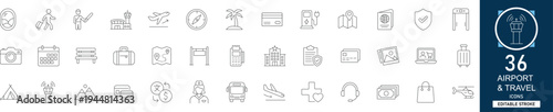 Airport and travel line icon set with 36 icons showing airport, travel, vacation, flight, tourism, passport, luggage, and hotel. Clean linear vector with editable stroke.