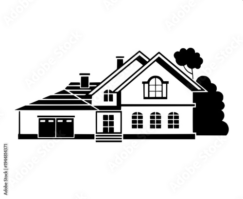 Real estate themed minimal house silhouette, dark gray flat house shape, attached garage left side, central arch door, two arched upper windows, right window with shutters, clean vector icon on light 