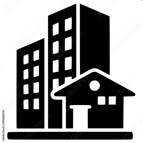 Real estate themed minimal house silhouette, dark gray flat house shape, attached garage left side, central arch door, two arched upper windows, right window with shutters, clean vector icon on light 