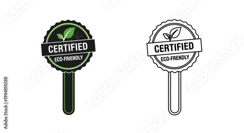 Two eco friendly certified badges with leaf designs a dark silhouette