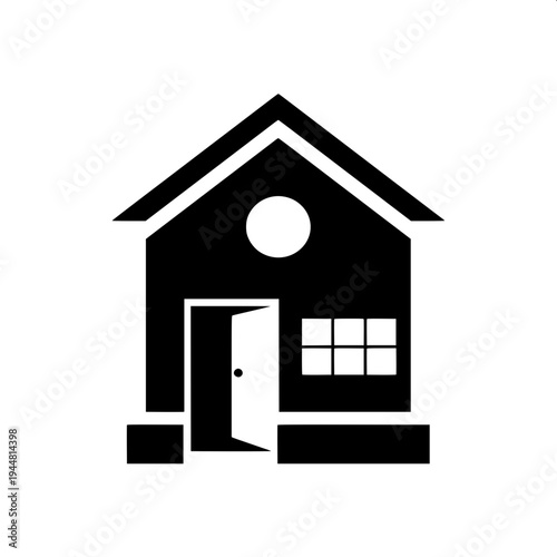 Real estate themed minimal house silhouette, dark gray flat house shape, attached garage left side, central arch door, two arched upper windows, right window with shutters, clean vector icon on light 