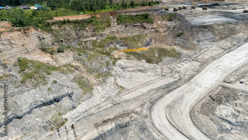 Fotografie Drone footage from a coal mining site in South Kalimantan shows trucks and heavy