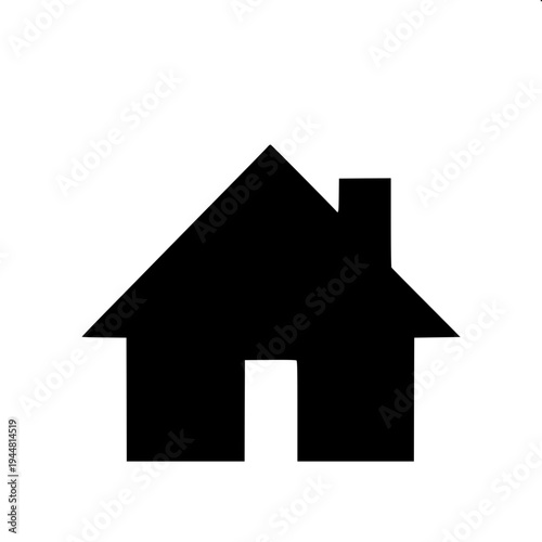 Real estate themed minimal house silhouette, dark gray flat house shape, attached garage left side, central arch door, two arched upper windows, right window with shutters, clean vector icon on light 