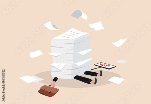 Overwork and overload work make employee exhausted and stressed leads to depression, burnout and low efficiency, fatigue business woman buried under pile of paper or unfinished work near dead