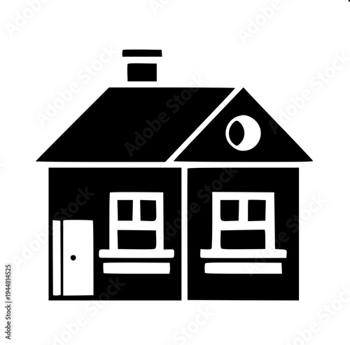 Real estate themed minimal house silhouette, dark gray flat house shape, attached garage left side, central arch door, two arched upper windows, right window with shutters, clean vector icon on light 