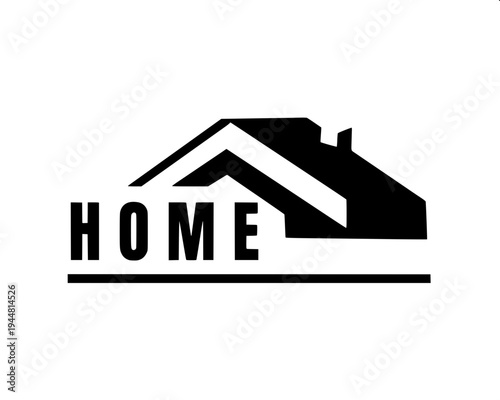 Real estate themed minimal house silhouette, dark gray flat house shape, attached garage left side, central arch door, two arched upper windows, right window with shutters, clean vector icon on light 