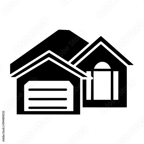 Real estate themed minimal house silhouette, dark gray flat house shape, attached garage left side, central arch door, two arched upper windows, right window with shutters, clean vector icon on light 