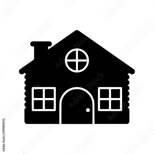 Real estate themed minimal house silhouette, dark gray flat house shape, attached garage left side, central arch door, two arched upper windows, right window with shutters, clean vector icon on light 