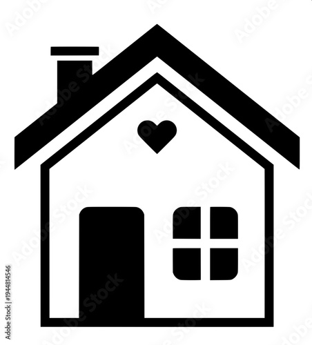 Real estate themed minimal house silhouette, dark gray flat house shape, attached garage left side, central arch door, two arched upper windows, right window with shutters, clean vector icon on light 