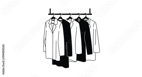 Hanging jackets and coats on a rack black and white silhouette