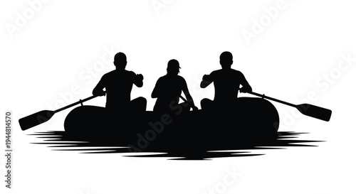Three people rowing a raft on water a striking silhouette